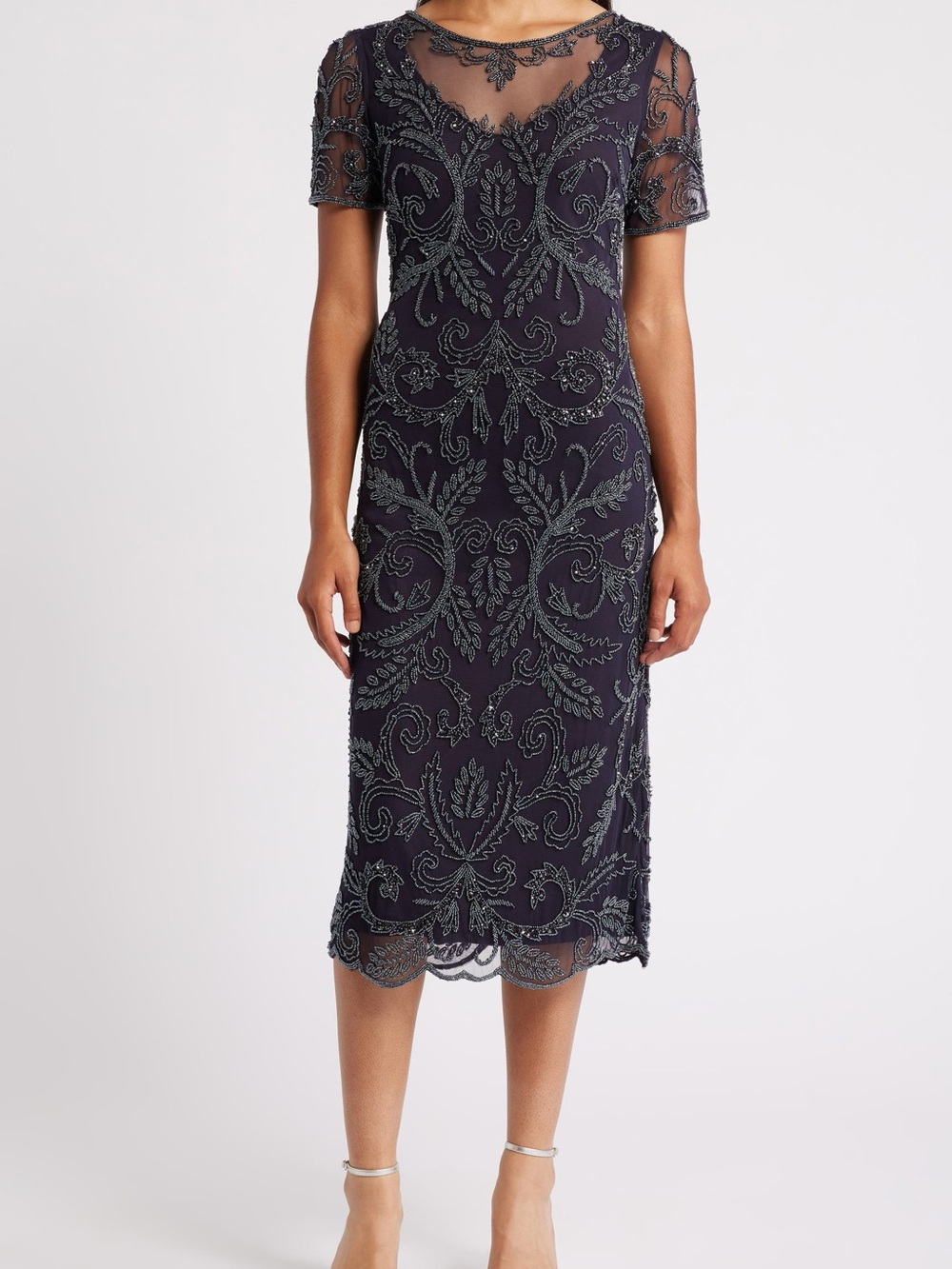 New! Pisarro Nights Eggplant Illusion Neck Cocktail Dress
